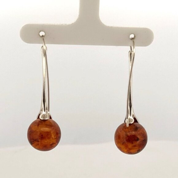 Estate Sterling Silver 925 Amber Ball Drop Dangle Earrings Modern Art Deco 6.5g - Picture 3 of 8
